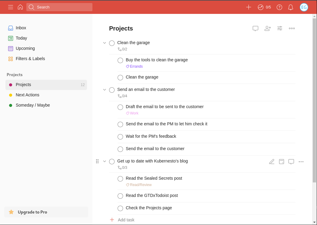 Image showing the Projects view with the Next Actions of each Project having a Context